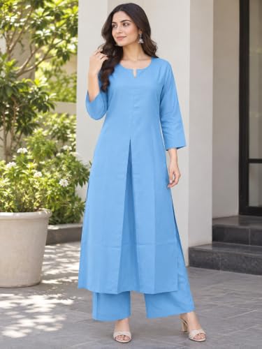Image of idaLia Rayon Solid Straight Brown Kurta Set for Women with Palazzo 3 /4 Sleeve, Round V Neck Designer Kurta with Palazzo Pant Set