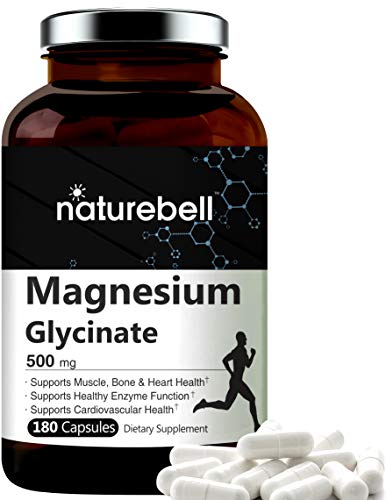 NatureBell Maximum Strength Magnesium Glycinate 500mg, 180 Capsules, Supports Muscle, Bone, Joint, Heart