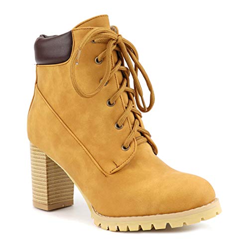 VOKLIN Women's Chunky Block High Heel Ankle Boots Lace Up Round Toe Platform Dressy Dressy Short Booties