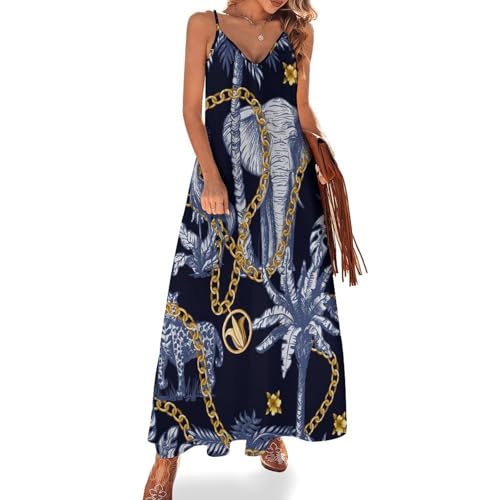 Robe maxi pour voyages et plage : style vacances sans manches motif elephant pour l'ete