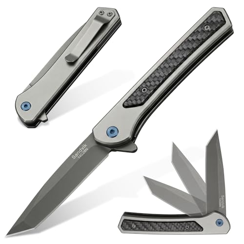 Folding Pocket Knife, 14C28N Steel Blade EDC Knife, Aluminum Alloy Handle with Carbon Fiber Inlay, Deep Carry Pocket Clip for Outdoor Camping Hunting Tactical Survival, Cool Gadget for Men & Women