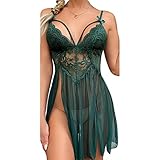 Women Sexy Lace Chemise Mini Dress Nightgown V-neck Mesh Fairy Nighty Babydoll Sleepwear Lingerie Nightwear(Green,Small)
