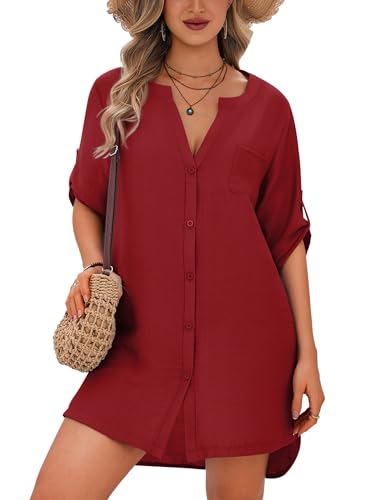 Image of Ekouaer Bathing Suit Cover Up for Women V Neck Button Down Swimsuit Coverup Beach Dress Shirt S-3XL