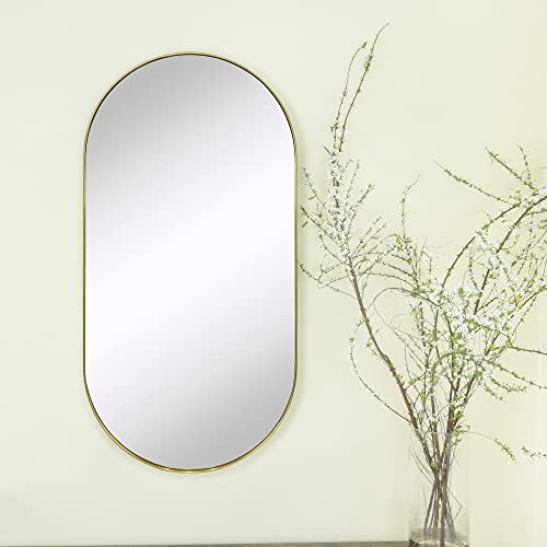Image of TEHOME Brushed Gold Oval Bathroom Mirror 20x40'' Pill Shaped Oblong Vanity Mirror Metal Framed Capsule Mirror for Wall in Stainless Steel Rounded Mirrors for Wall Mounted