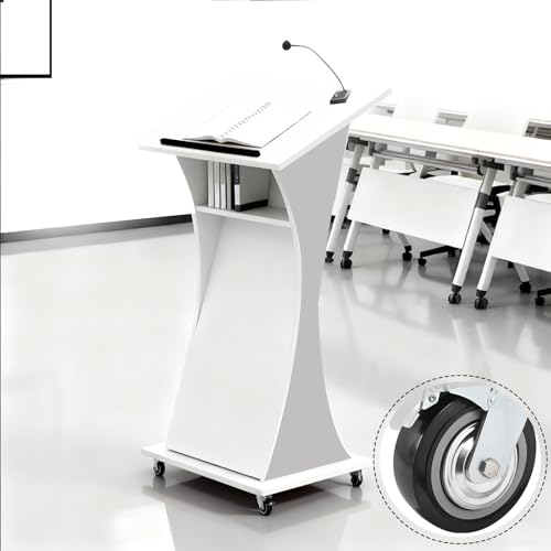 Image of Portable Rolling Wooden Podium Stand with Lockable Wheels, 42.5 inch Height, Lightweight White Lectern for Churches, Presentations & Events, Mobile Pulpit for Easy Use