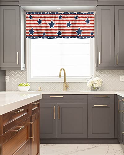 Independence Day Kitchen Window Curtain Valances,4Th Of July Patriotic Blue Stars Red Stripes Small Valance Panel Rod Pocket Window Treatment For Bathroom Living Room Bedroom Windows,54X18 Inch #TOP4