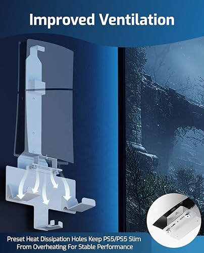 Image of HOSS PS5 Wall Mount Stand - Space-Saving & Ventilated Design for PlayStation 5,Slim Disc and Digital Edition, Controller & Headset Holders, Easy Installation (White)