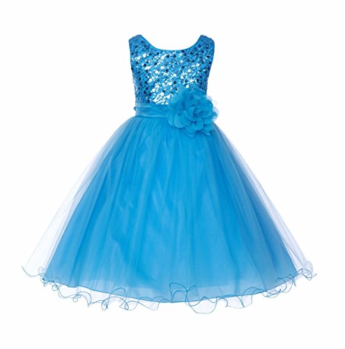 Glitter Sequin Tulle Junior Flower Girl Dresses Christening Dresses B-011NF 4 Turquoise