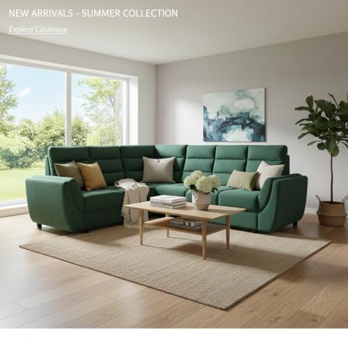 Image of APRODZ Wooden Sofa Set 6 Seater for Living Room, Solid Wood L Shape Sectional Sofa with Velvet Fabric Upholstery, Cushioned Seating for Home, Office & Lounge, Green