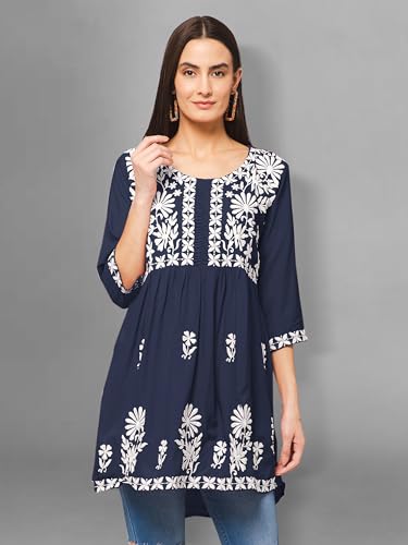 Image of Winza Designer Rayon Chikankari Embroidered Short Kurti | Plus Size Kurta Tunic Top