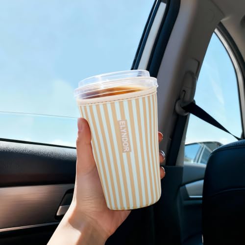 Image of Reusable Insulated Sleeve for Iced Coffee Cup, 3-Pack Coffee Neoprene Drink Sleeve for Cold & Hot Drinks, Beverage Holder for Iced Coffee (Yellow Stripes)