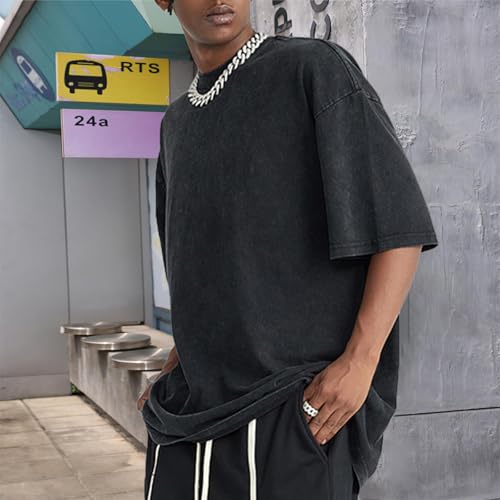 Bobeutou Oversized Vintage Acid Wash Tshirt for Men Cotton Solid T Shirt Streetwear Basic Tees Casual Baggy Loose Shirts Tops3