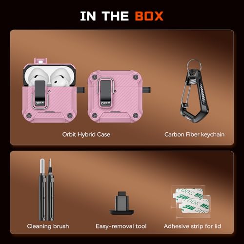 Image of Inesore for AirPods 4 Case with Secure Lock (Pink) | Phone Stand Design,Compatible with MagSafe,Automatic Snap Switch Secure Cover Carbon Fiber Texture with Cleaner Kit