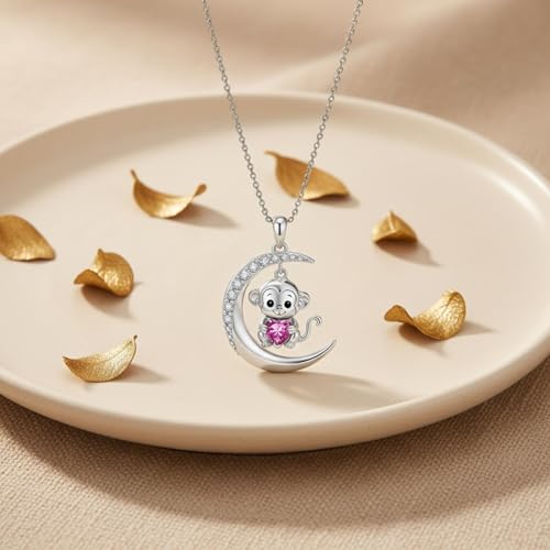 Image of PROESS Animal Birthstone Necklace 925 Sterling Silver Otter /Axolotl /Hippo /Elephant /Dachshund /Monkey /Red Panda Pendant Necklace Animal Birthstone Jewelry Gifts for Women