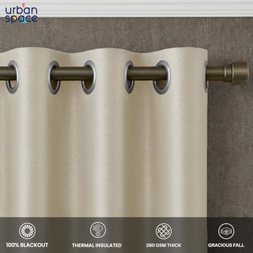 Image of Urban Space 100% True Blackout Curtains for Window, Gold Foil Printed Blackout Curtains, Blackout Decorative Window Curtain Eyelet with Tieback, 1 Piece Curtain for Living Room (Reva Beige, 5 Feet)