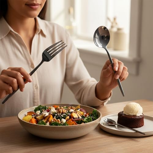 Image of 24 Pcs Black Slim Handle Stainless Steel Cutlery Set for Dining Table with Spoons and Forks Set + Butterknives - The Perfect Tableware /Flatware