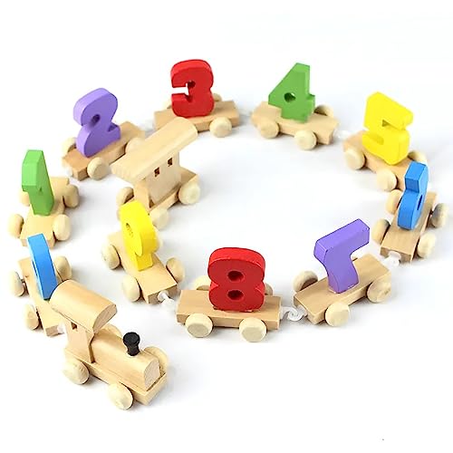 WISHKEY Wooden Learning Toy Numbers Educational Play Train with Sliding Wheels, Pre...
