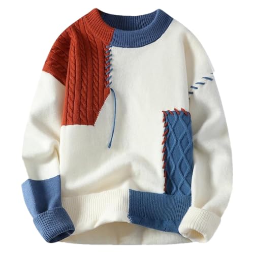 Men's Pullover Sweaters Long Sleeve O-Neck Patchwork Casual Warm Knit Sweater