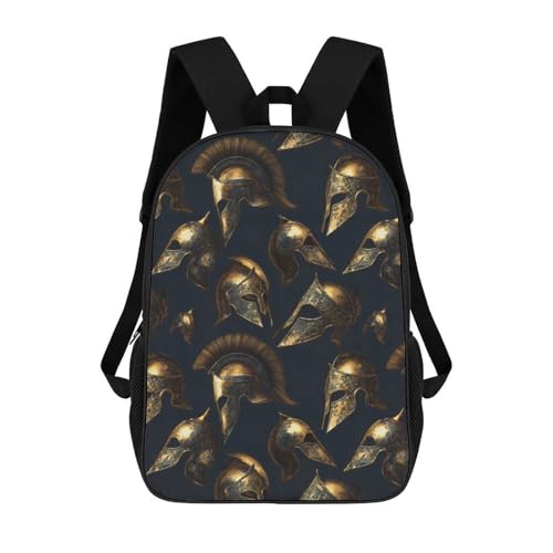 Golden Greek Helmet Spartan Pattern Classic 17 Inch Backpack Travel Daypack Casual Shoulder Bag with Adjustable Strap for Men Women