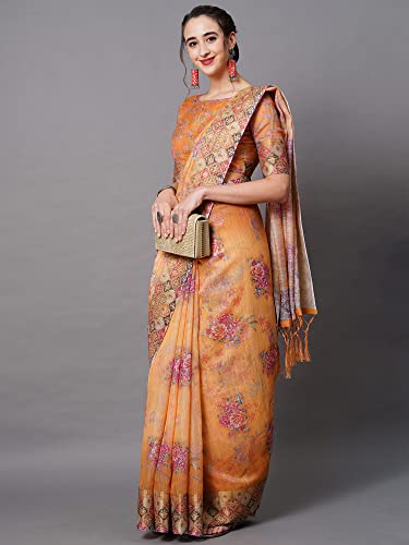 Image of AKHILAM Women's Ikat Linen Saree With Blouse Piece