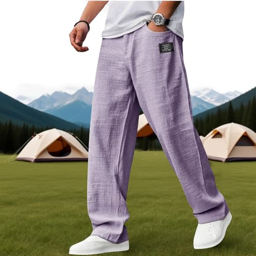 Linen Pants Men Relaxed Fit Straight Leg Embroidered Pants Lightweight Comfort Elastic Waist Trousers with Pocket2