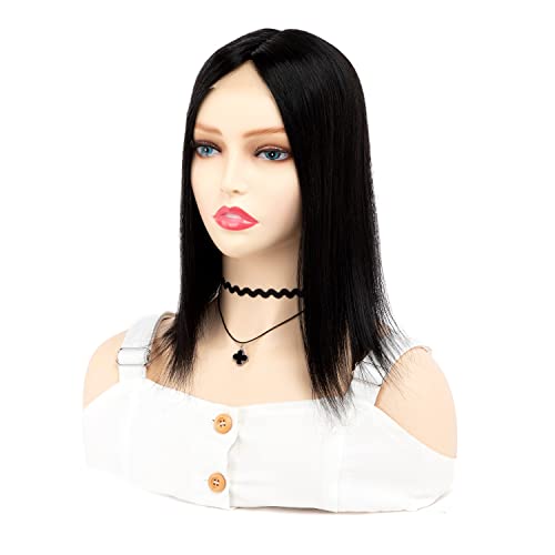 Teresa Lace Front Hair Topper, Mono Hairpiece, Closure, Clip In Human Hair Toppers 150% Density Hand Made Tied Hair Mono Base Top Hair Pieces ​For Women With Thinning Hair/Short Hair Add Hair Volume(12 Inch, 1B#) #TOP4