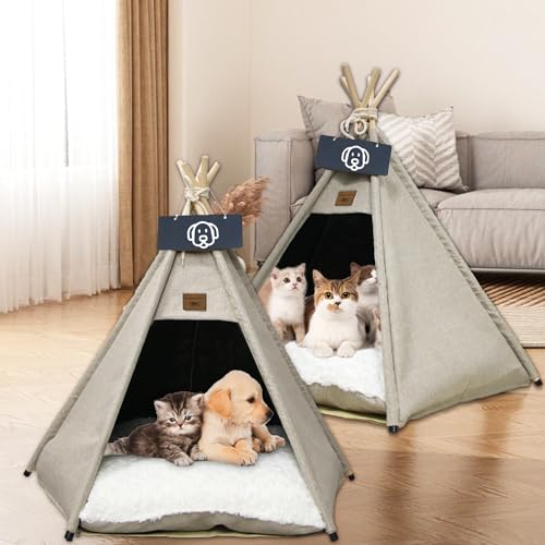Vinnypet Tipi Zelt fur Katzen und Hunde Haustierzelte Häuser mit Plüschkissen Luxery Hundezelt Katzenzelt Abnehmbar und Waschbar Katzenhaus Haustierhäuser 60x60x70cm