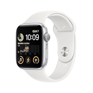 Apple Watch SE (2a geração) GPS, Smartwatch com caixa prateada de alumínio – 44 mm • Pulseira esportiva branca – Padrão
