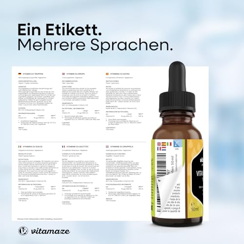 Vitamin D3 Tropfen hochdosiert 1000 IE, 50 ml (1700 Tropfen), Cholecalciferol vegetarisch, hohe Bioverfügbarkeit, Natürliche Nahrungsergänzung ohne Zusatzstoffe, Made in Germany