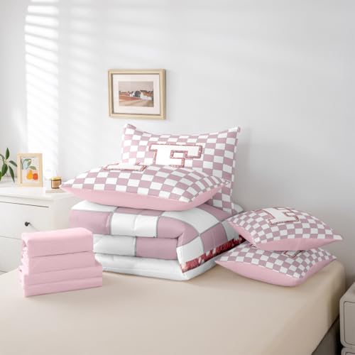 Image of Erosebridal Pink Initial F Full Bed in A Bag 7 Piece Kawaii Plaid Checkered Comforter Set with Sheets Cute Personalized Monogram Bedding Sets for Kids Girls Teen Women,Fashion Grids Gingham Bed Set