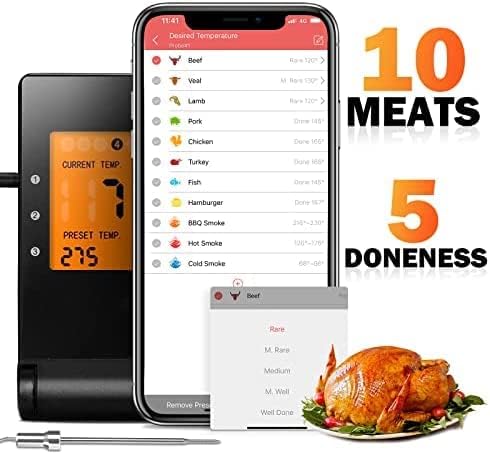 review Wireless Remote Bluetooth Meat, Smart BBQ Grill Thermometer with Bluetooth Instant Read APP, Large LCD Backlight Screen, Cooking Frying Smoker Food Meat Kitchen Thermometer Clock Timer with 4 Probes
