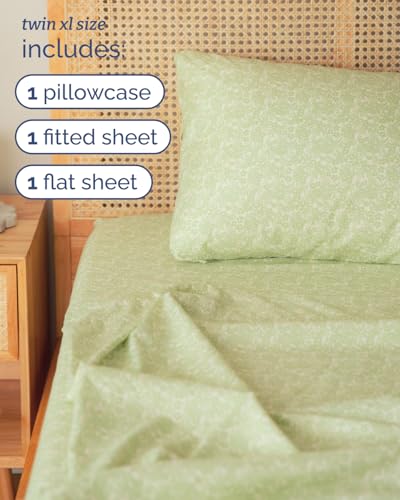 Image of Twin XL 3 Piece Floral Sheet Set - Breathable & Cooling - Mint Garden Bloom | 1 Flat, 1 Fitted & 1 Pillowcase w / Deep Pockets, Boho Botanical Floral Bedding, Breathable & Cooling, Wrinkle & Fade Free