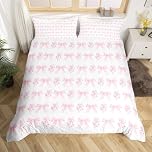 Manfei Pink Bow Duvet Cover Set Double Size, Lilac Flower Bedding Set 3pcs, Cute Flower Bowknot Comforter Cover, Kids Girls Princess Room Decor, Soft Polyester Quilt Cover, 2 Pillowcases, No Comforter