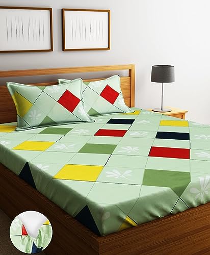 Image of Home Sizzler 210TC Colorful Geometry Red & Green Elastic Fitted Double Bedsheet with 2 King Size Pillow Covers, Fit for Mattress: 72 inchX75 inch & 72 inchX78 inch