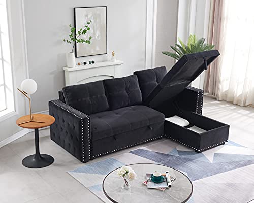 Moeo 91" Upholstery Sectional Sofa Convertible Pull-Out Sleeper Couch Bed, Polyester Blend Living Room Furniture Set L-Shaped Rivet Decor Corner Sofá W/Reversible Storage Chaise Lounge, Black #TOP2