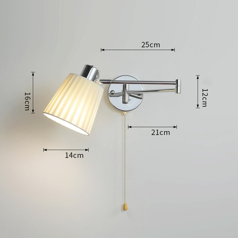 Chrome Swing Arm Wall Sconce with Pull Chain Hardwired Industrial Wall Mounted Reading Light with Pleated Fabric Shade Mid Century Wall Lamp for Bedroom Bedside Living Room Farmhouse