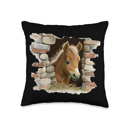 Adorable Pony Peeking Through Brick Wall Throw Pillow