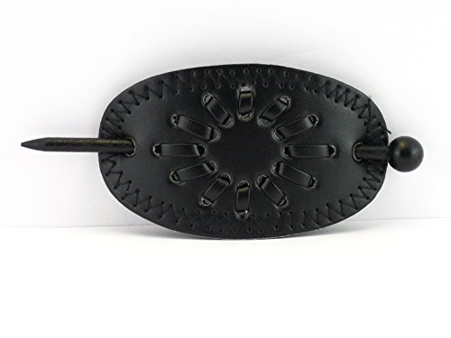 Leather With Wood Slide Stick Oval Hair Pin Barrette (Black)