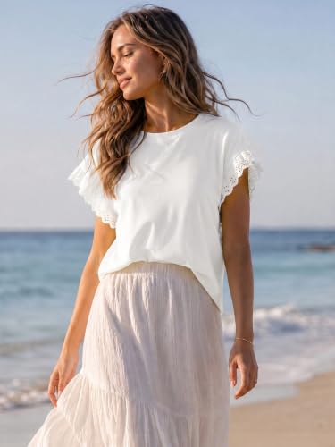 Image of Tankaneo Womens Summer Crewneck T-Shirts Lace Cap Sleeve Tops Dressy Casual Loose Fit Work Basic Tees Outfits 2026