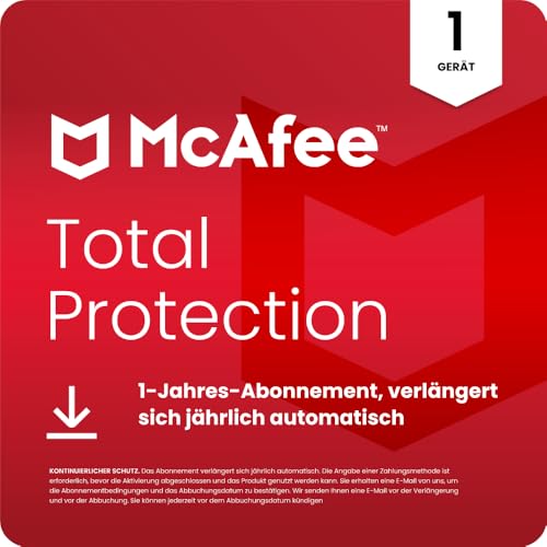 McAfee Total Protection 2025 (1 Gerät) | Virenschutz, VPN, Betrugsschutz, Sicherheitssoftware, Identitätsüberwachung | 1-Jahres-Abonnement mit automatischer Verlängerung | Download