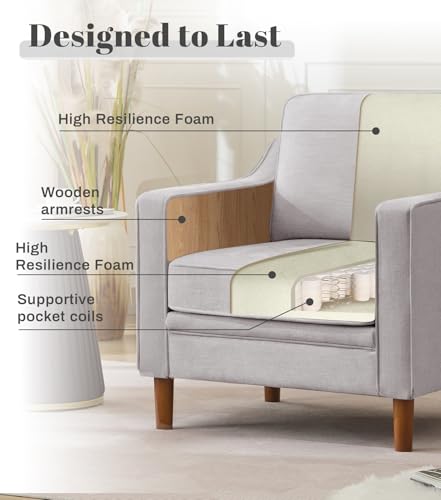 Image of Kingfun Accent Chair, Living Room Chairs, Mid Century Reading Armchair, Chenille with Solid Wood Foot, Upholstered Modern Decor for Bedroom, Apartment