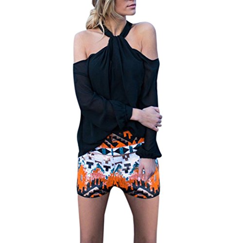 Blusa Sexy Mujer Camiseta de Blusa con Hombros Descubiertos de Mujer Sexy de Gasa Blusas Camisetas de Manga Larga Camisola Cami Tops Camiseta de Talla Grande (Negro, S)