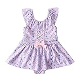 [マリ・クレール] ワンピース水着 小花柄 ラッフル襟 編み上げリボン 125701 ガールズ パープル