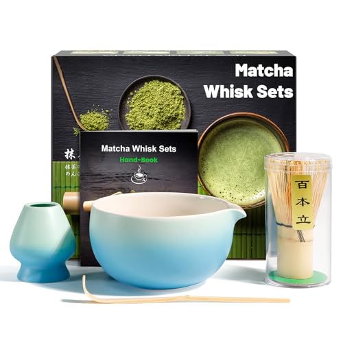 4 Pièces Matcha kit ceremonie japonais, Fouet matcha en bambou naturel, bol matcha, Pelle en bambo, Porte-Fouet, kit matcha complet, Coffret matcha, pour la cérémonie du thé, la boisso, Bleu Dégradé