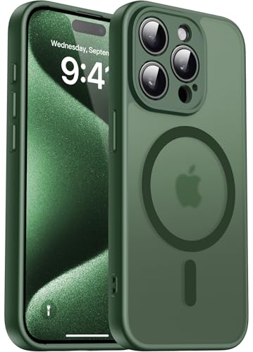Natiiozie Magnetisch Hülle für iPhone 15 Pro Max Kompatibel mit MagSafe Kameraschutz FallSchutz Handyhülle Stoßfest Kratzfest Schutzhülle Transluzente Matt Rückseite 6.7 Zoll Case Dunkelgrün