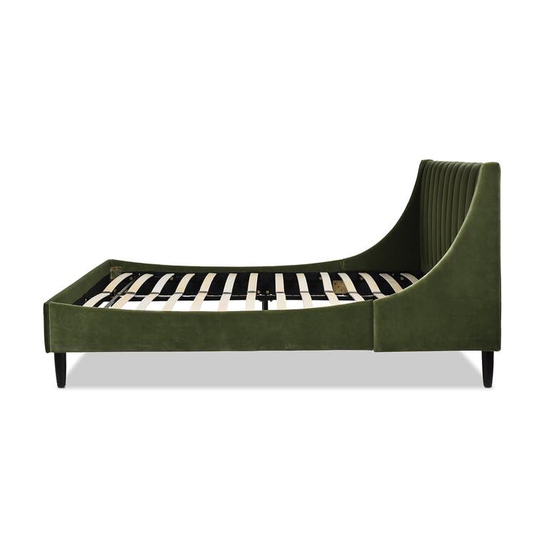 Image of HITHOS Solid Wood Modern Upholstered Queen Size Bed with Wingback Headboard | Wooden Double Bed Cot Palang Without Storage (Olive Green) 1 Year Warranty
