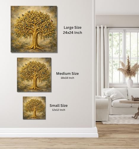 Image of Kunj Cart Kalpavriksha Tree Painting | 8+ DESIGNS | Kalpvriksh Tree Wall Painting | Lucky Tree Wall Art For Living Room, Bedroom and Office Decor | Canvas Painting for Wall Decoration (Design - H, 24x24 Inch, Framed)