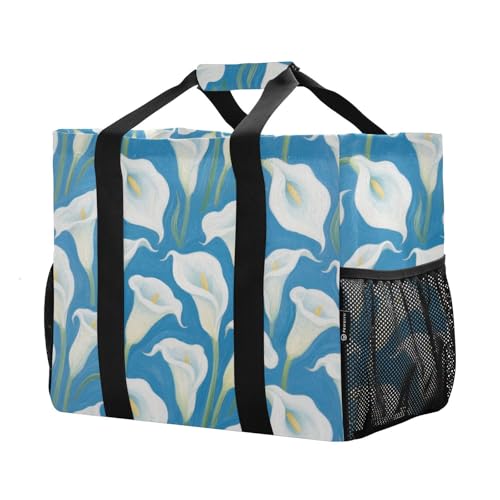 White and Blue Calla Lilies Utility Beach Tote Collapsable Beach Tote With Compartments Reusable Grocery Shopping Bags Canvas Laundry Totes Bags2