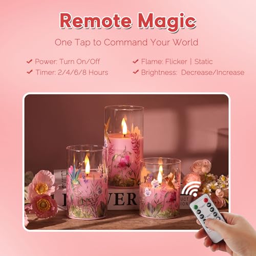 Image of Pink Hummingbird Glass Flameless Candles with Remote, Flickering LED Pillar Candles Battery Operated Set of 3, Spring Home Shelf Decor