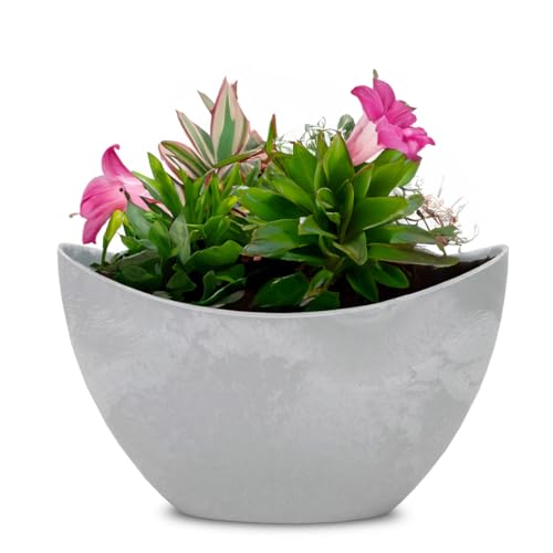 matches21 HOME & HOBBY Ovale Pflanzschale für draußen in 24 cm - Hohe Vintage Schiff Deko-Schalen in hell-grau als Blumen-Topf Pflanztopf - Jardiniere für Garten Balkon oder Friedhof als Grab-Schmuck